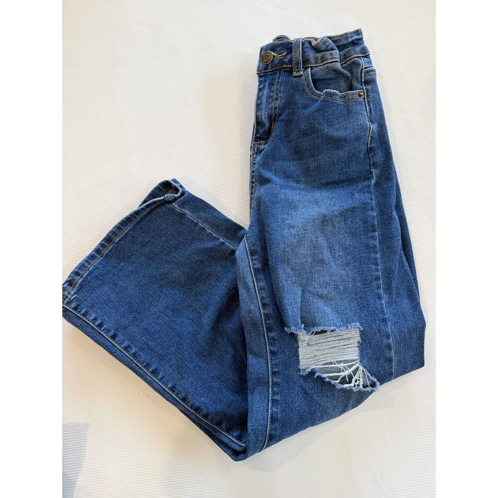 FabKids Girls Size 8 Wide Leg Jeans Distressed Ripped Knee High Rise Denim